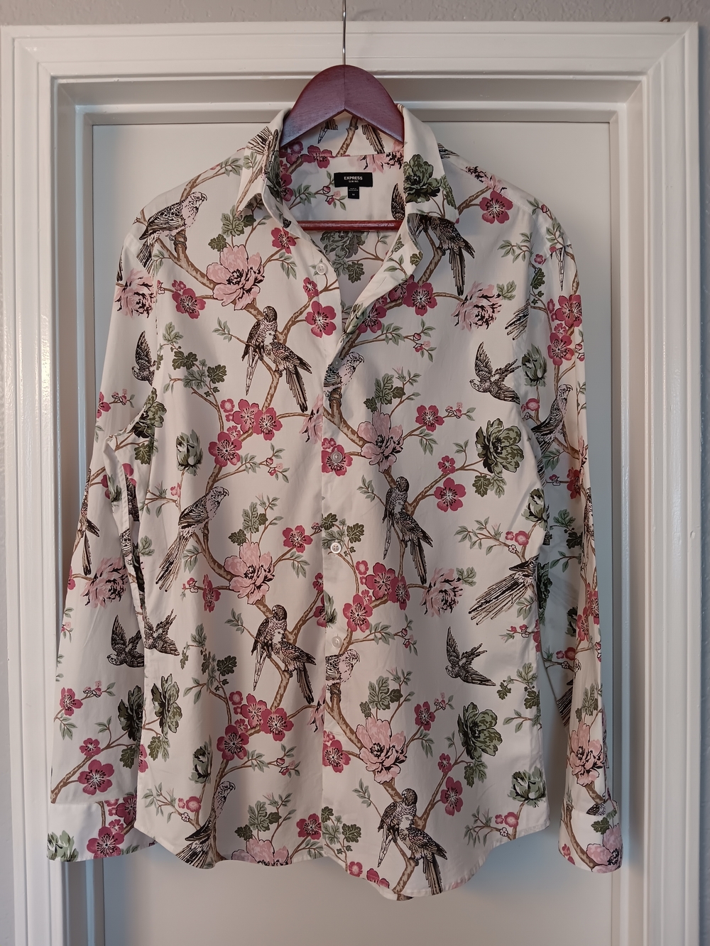 Express Men's Floral & Bird Button-Up Shirt - Pink, Green on Cream